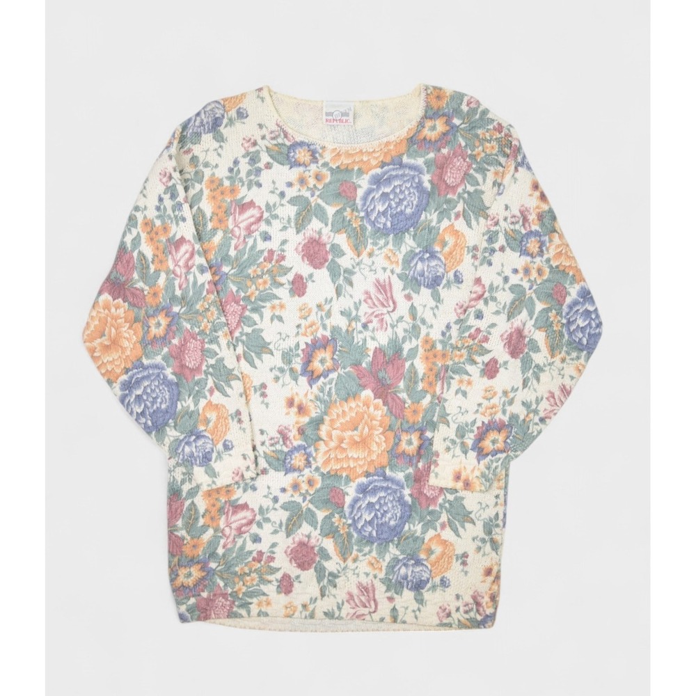 Vintage Floral Sweater Womens Small Oversized Boho Denim Republic Hippy Pullover